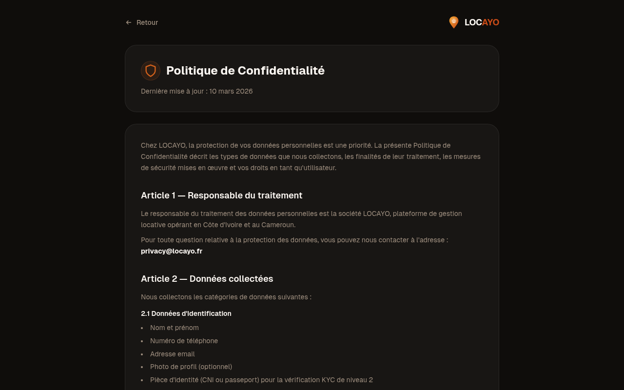 Page de confidentialite sur locayo.fr